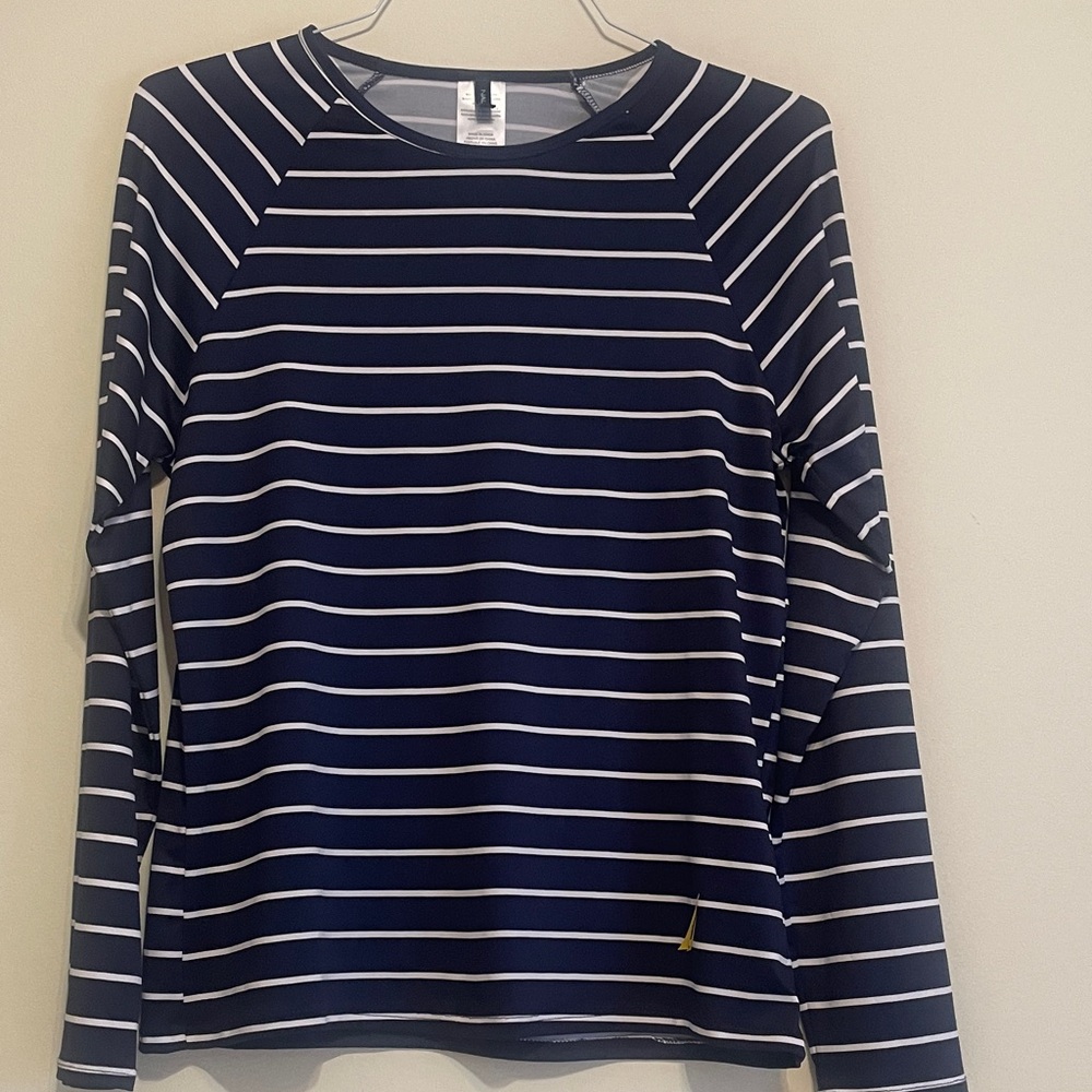 Nautica Women's Long Sleeve Navy Striped Tee—- NEW